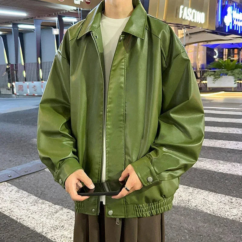 Youth Fashion Men Leather Jacket Casual Zipper Black Motorcycle Waterproof Windproof Pu Bomber Coat