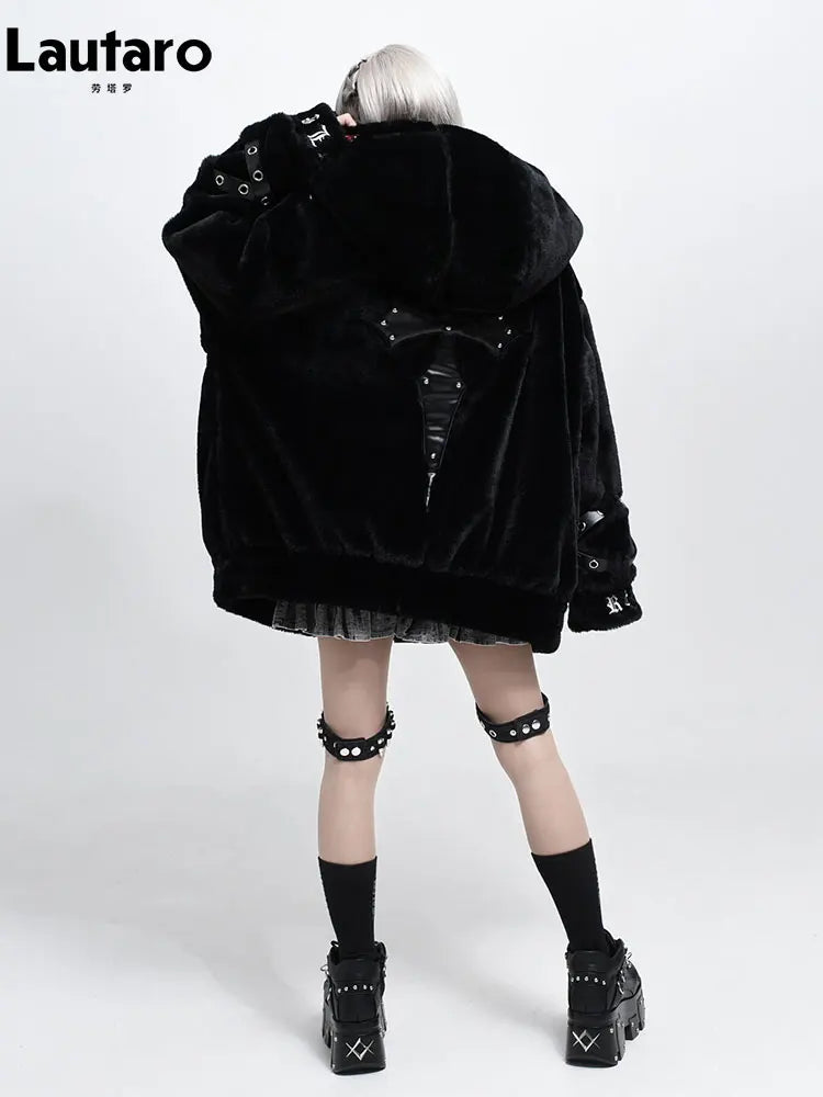Lautaro Autumn Winter Thick Warm Faux Fur Coat Women with Hood Zipper Luxury Japanese Style Punk Harajuku Fluffy Jacket 2026