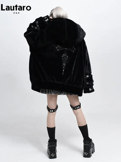 Lautaro Autumn Winter Thick Warm Faux Fur Coat Women with Hood Zipper Luxury Japanese Style Punk Harajuku Fluffy Jacket 2026