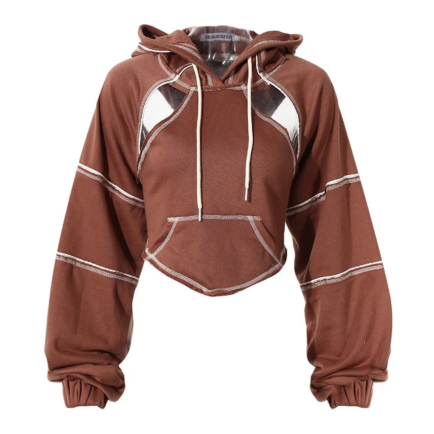 Color Blocking Bright Line Decoration Women High Street Hoodies Y2K Clothes Harajuku Hollow Out Back Lace-up Long Sleeve Tops