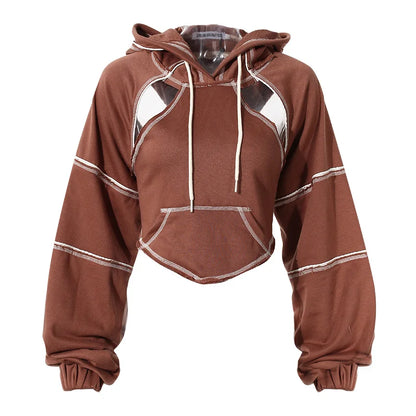 Color Blocking Bright Line Decoration Women High Street Hoodies Y2K Clothes Harajuku Hollow Out Back Lace-up Long Sleeve Tops