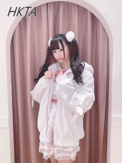 High Quality Japanese Winter New Sweet Cute Mine Cute Rabbit Ear Plush Cotton Coat Jacket Girl Lolita Fur Coats Women Parkas