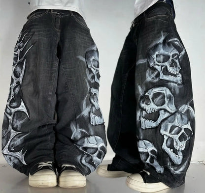 Ripped Baggy Jeans Cotton Patch Dyed Skull Pattern Y2k Men's Jeans Goth Punk - APEX RITUAL men's jeans