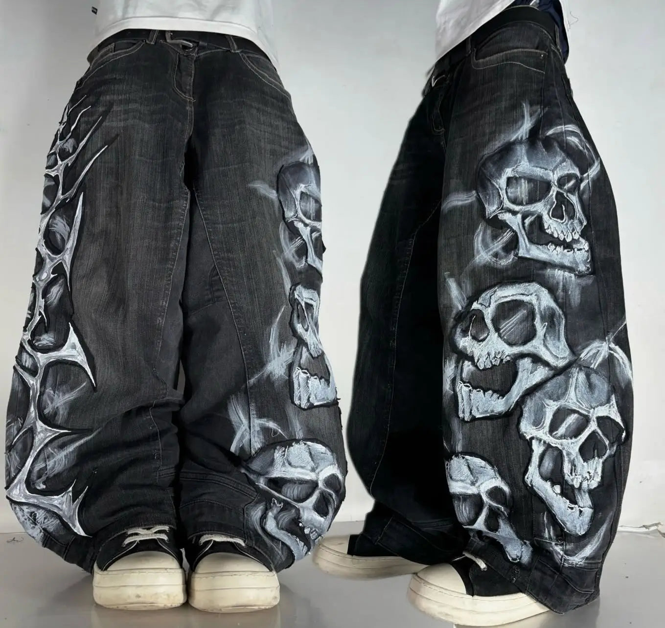 Ripped Baggy Jeans Cotton Patch Dyed Skull Pattern Y2k Mens Jeans Goth Punk Wide Leg Casual Pants Hip Hop Trousers Men Clothing
