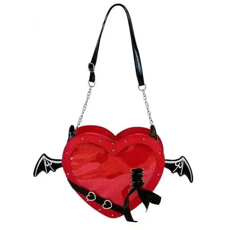 Heart Devil Wings Punk Itabags Belt Buckle Gothic Shoulder Pain Bag PU Leather Y2k Display Chain Crossbody Bag Cosplay Bag Girls