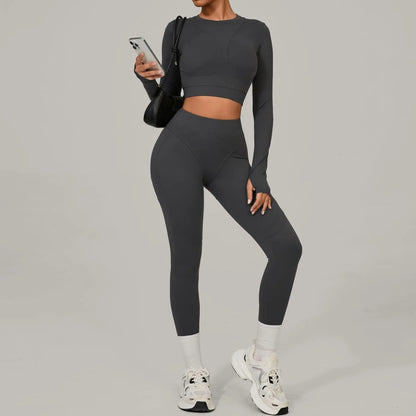 Long Sleeve Shirt Yoga Sets Sports Crop Tops Fitness Hip High Waist Skinny Running Workout Gym Leggings Women Activewear XP160