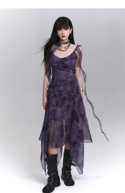Women's Purple Tie-Dye V-Neck Midi Dress