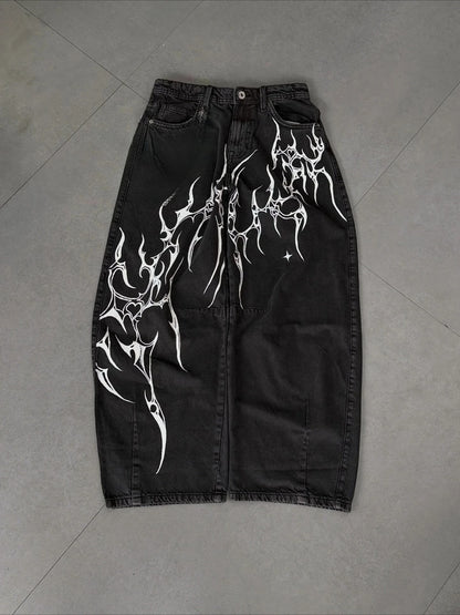 Y2K Hip-hop Jeans Vintage Straight Leg Denim Pants Streetwear Graffiti Print Casual Wide Leg Trousers Baggy Daily Wear Jeans