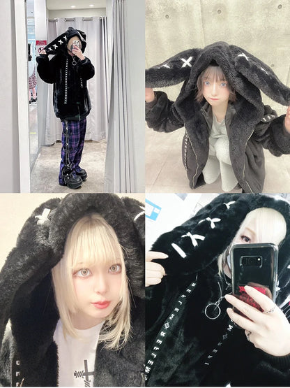 Women's White Faux Fur Bunny-Ear Coat
