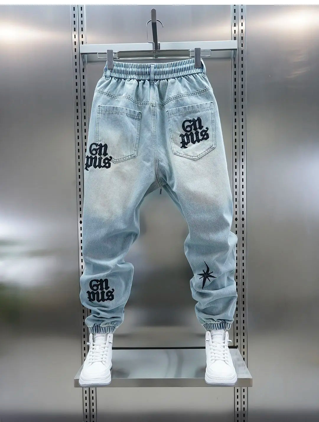 American high-street letter embroidered washed denim jeans fashion loose-fitting jogger harem pants slim-fit casual pants