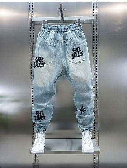 American high-street letter embroidered washed denim jeans fashion loose-fitting jogger harem pants slim-fit casual pants