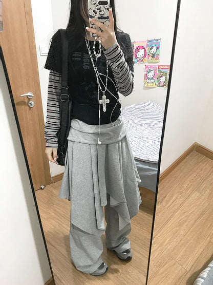 ReddaChic Wrappd Gray Sweatpants Lounge Elastic Waist Wide Leg Irregular Skirt Layering Trousers Grunge Korean Women Clothes