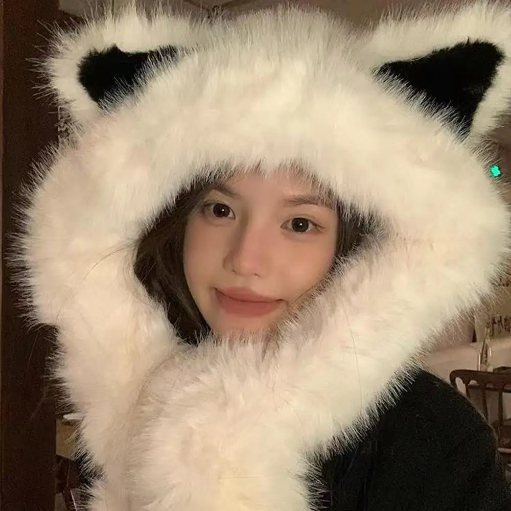2025 New Women's Plush Fox Ear Bucket Hat Windproof Integrated Cap Scarf Trendy Cute Plush Neck Warm Hat Scarf Balaclava Hat