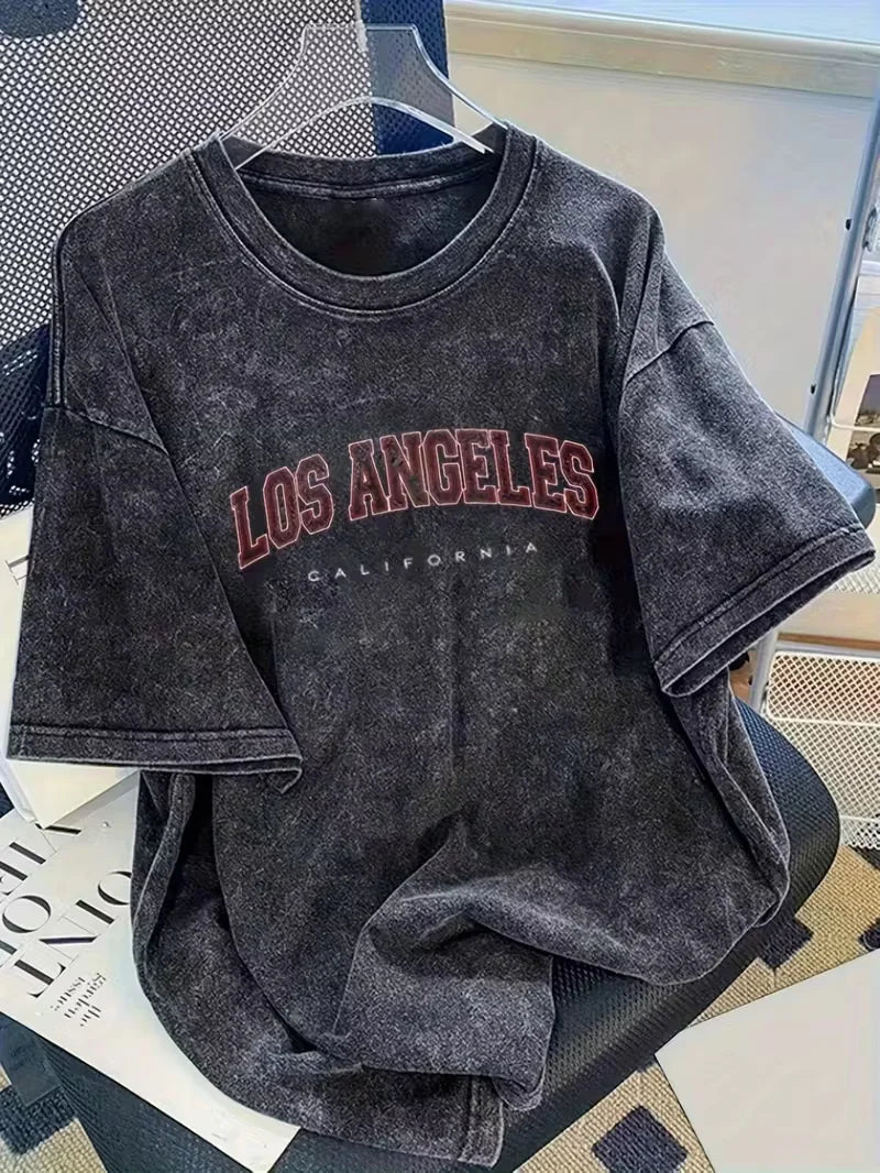 Vintage Washed Los Angeles Arch Letter Graphic T-Shirt, Retro USA City Casual Washed Black Crew Neck Short Sleeve Women's Top