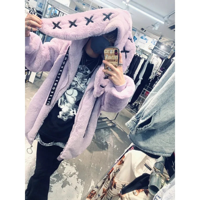 Japanese Harajuku Rabbit Ears Fur Purple Coat for women 2023 Winter New Women's Dark Punk Mid-Length Zipper Plush Coats Street