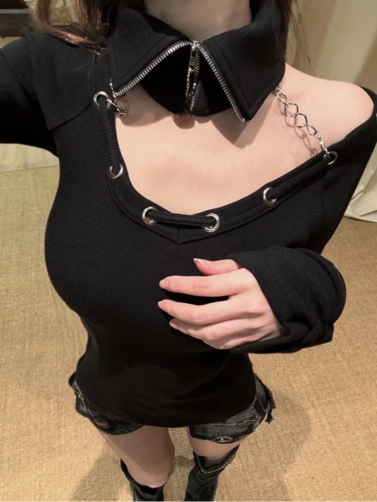Women's Y2K Chain Slash-Neck Crop Top