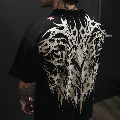 T shirt Men Dark Oversized Cotton Tee Skull Print Workout Gym Top Streetwear Fitness Clothing Alternative Fashion