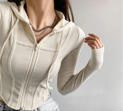 Apex Ritual – Thin Hooded Cardigan Women – Korean Vintage Slim Summer Striped Zipper Crop Top