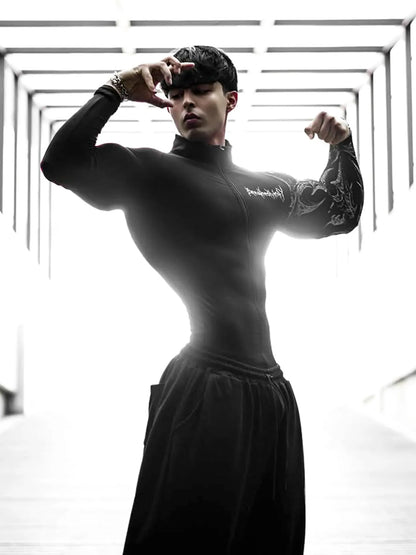 Dark Quick Drying Autumn And Winter Training Long Sleeved Men's Zipper Fitness Clothes, Sports Tight Fitting Clothes