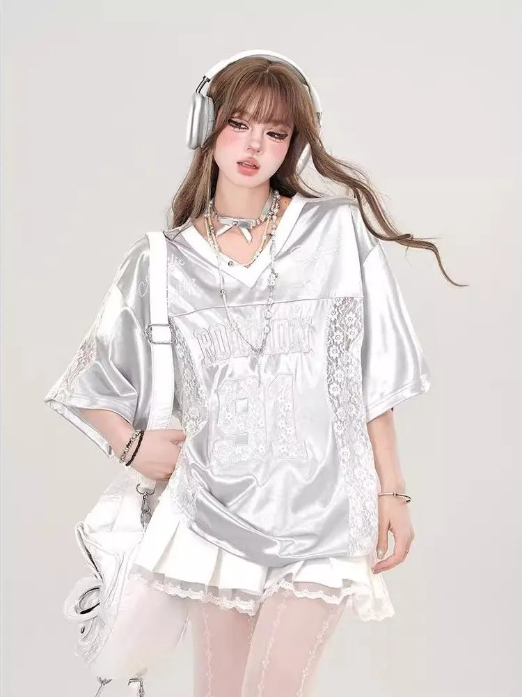 Retro American Splice V-neck Hollow out Lace Short Sleeve T-shirt Women Summer Embroidered Loose Sports Silver Top