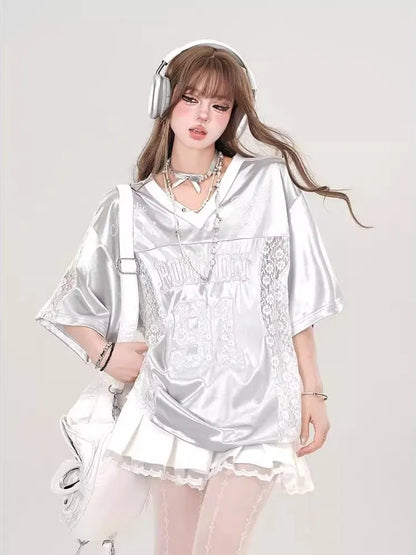 Retro American Splice V-neck Hollow out Lace Short Sleeve T-shirt Women Summer Embroidered Loose Sports Silver Top