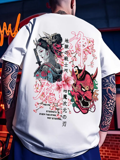 IJapanese Style Prajna Geisha Cherry Blossom Pure Cotton T-shirt for Children and Adults, Breathable and Fun Top
