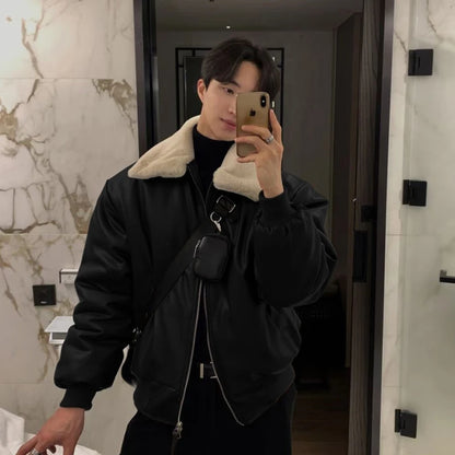 Winter Jacket Men Warm Fashion Casual Thickened Leather Jacket Men Streetwear Korean Loose Short Coat Mens Thick Leather Coat