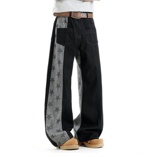 Streetwear vintage multi-color patchwork printed star straight-leg jeans for - APEX RITUAL men's jeans