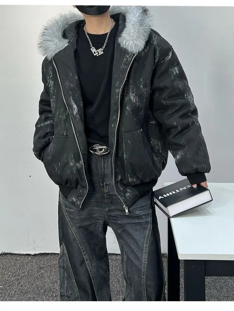Winter men's cotton jacket with fur collar eagle embroidery and tie-dye design outdoor style jacket thickens and comfortable