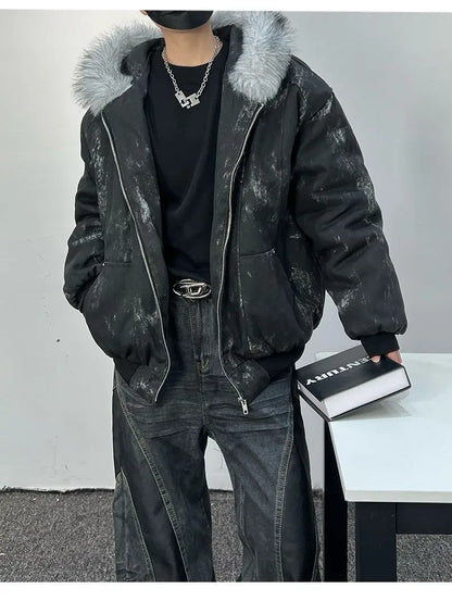 Winter men's cotton jacket with fur collar eagle embroidery and tie-dye design outdoor style jacket thickens and comfortable