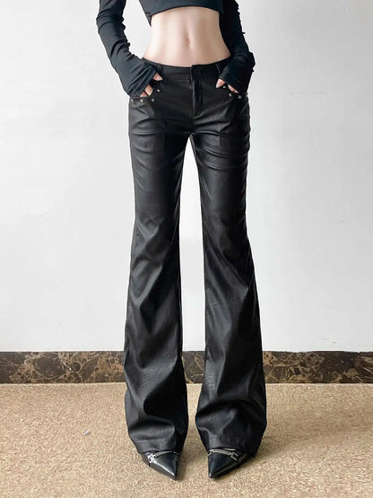 2025 Autumn Winter Women's PU Pants Low Rise Goblin Core Faux Leather Trousers Bell Bottom Gothic Japanese Y2k Stretch 2000s New