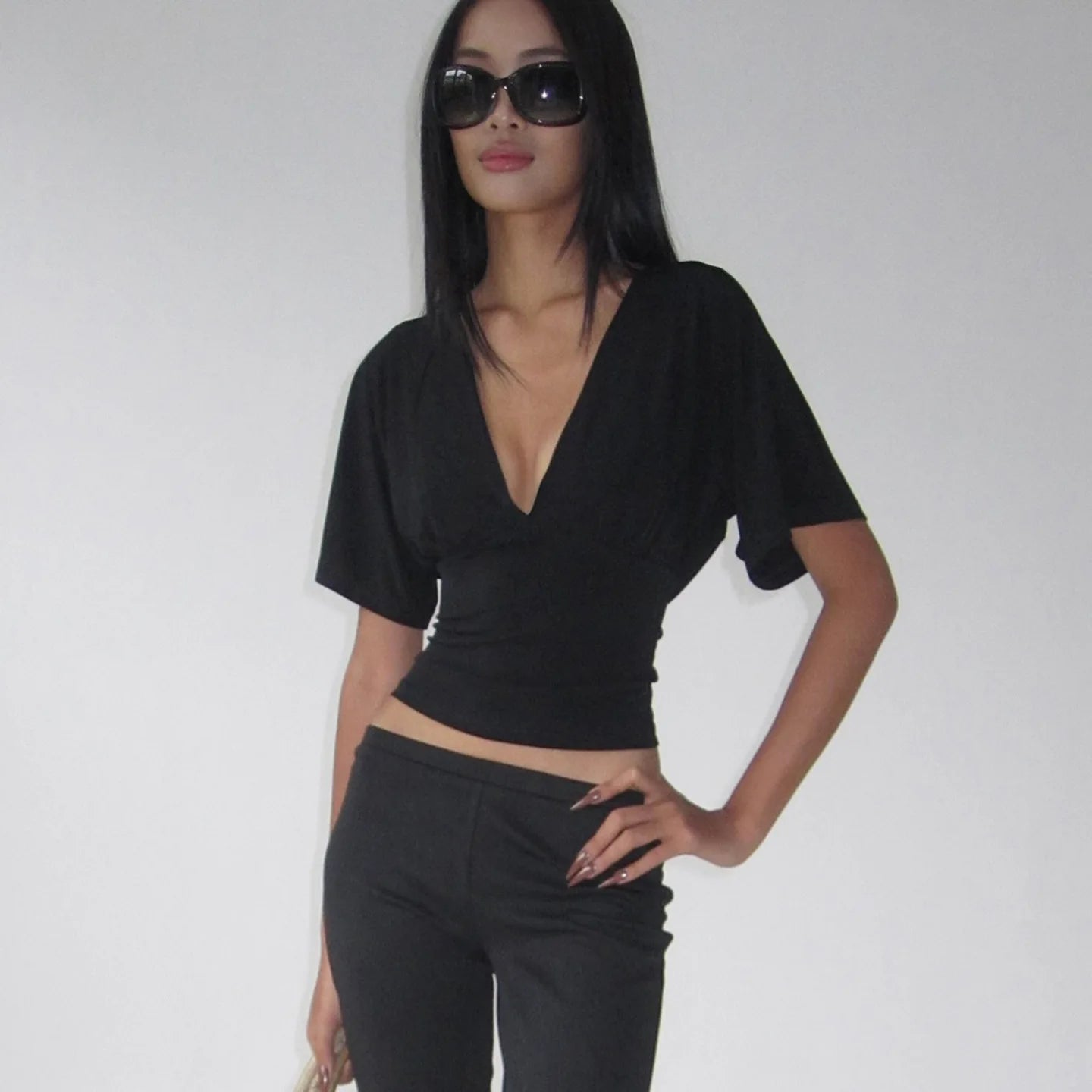 Sexy Deep V Neck Lace Spliced Tie Waist Slim Half Sleeve Crop Tee For Women