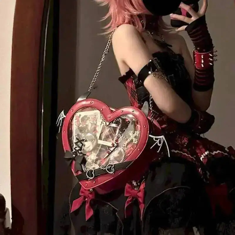Heart Devil Wings Punk Itabags Belt Buckle Gothic Shoulder Pain Bag PU Leather Y2k Display Chain Crossbody Bag Cosplay Bag Girls