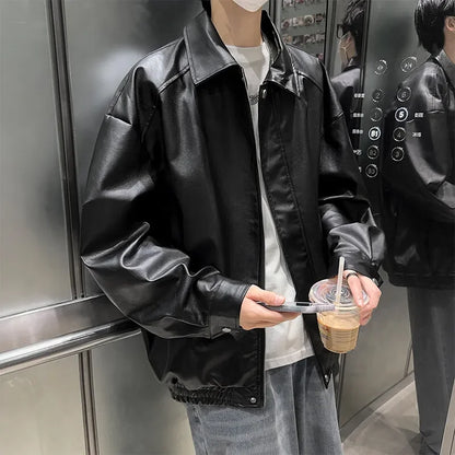 Youth Fashion Men Leather Jacket Casual Zipper Black Motorcycle Waterproof Windproof Pu Bomber Coat