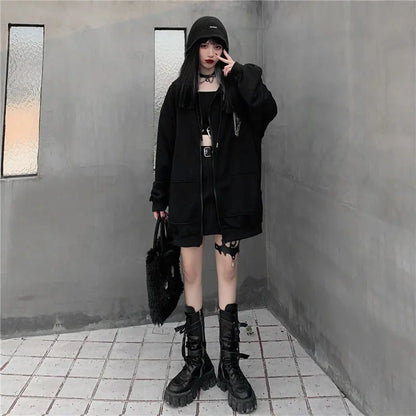 Autumn Womens Harajuku Punk Gothic Girls Black Devil Horn Hoodies Sweatshirt Hooded Japanese Hip Pop Plus Size Top Y2k Clothes