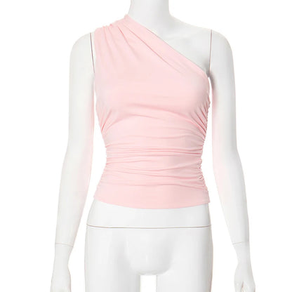 Solid Color One Shoulder Backless Shrink Tank Top T-Shirt Candy Color Tight Sexy Sleeveless Neckless Slim Casaul Top