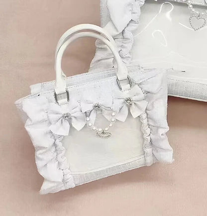Japanese Style Mine Bags Women Ruffled Lace Lolita Girls Rhienstone Pearl Bowknot Square Tote Shoulder Portable Bolso Handbags