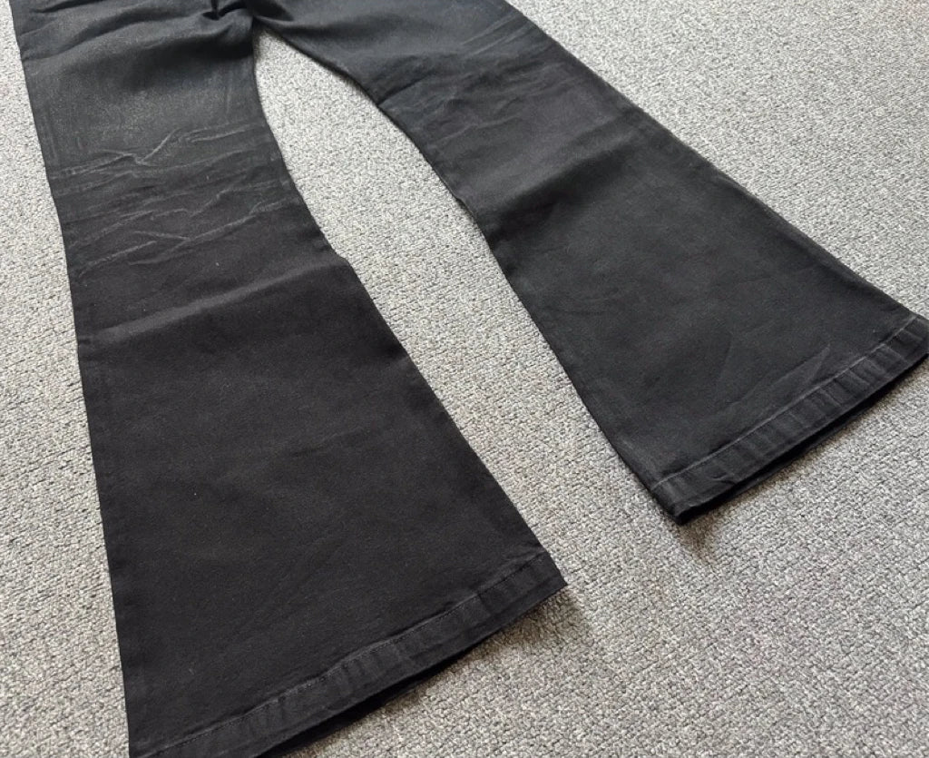 American retro heavy industry men and women black gothic retro casual loose jeans High street coated micro-flare jeans