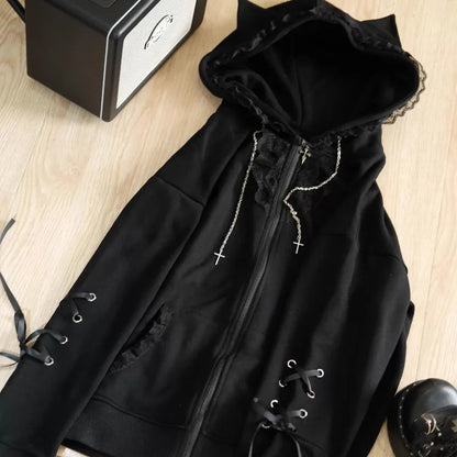 Kimutomo Hoodies Women Lace Patchwork Ribbon Cat Ears Y2k Aesthetic Gothic Grunge Sweet Outwear Loose Jackets Vintage Sweatshirt