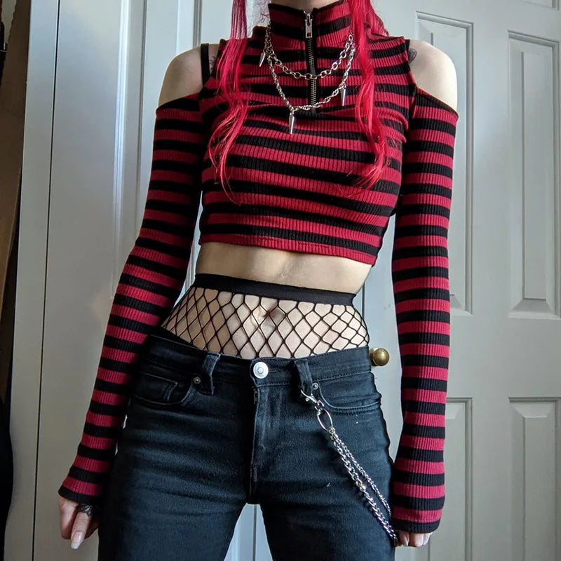 Grunge Striped Mall Gothic Basic T-shirts Punk E-girl Aesthetic Bodycon Casual Crop Tops Long Sleeve Open Shoulder Tee Gothic