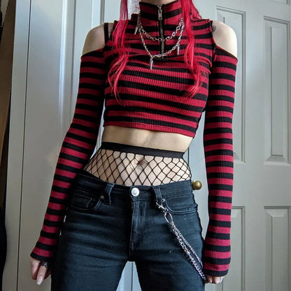 Grunge Striped Mall Gothic Basic T-shirts Punk E-girl Aesthetic Bodycon Casual Crop Tops Long Sleeve Open Shoulder Tee Gothic