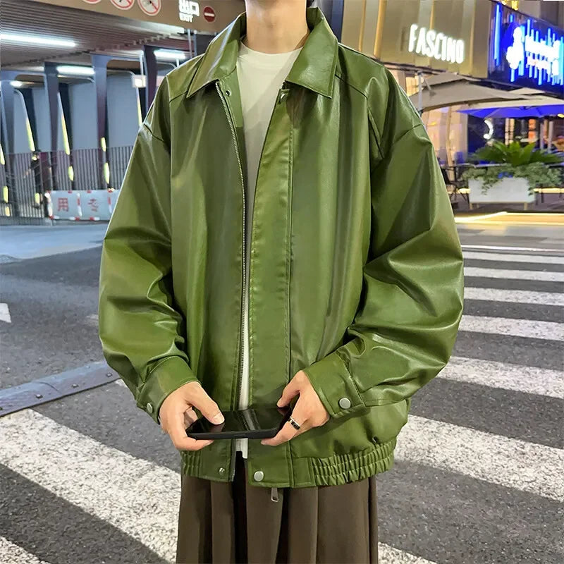 Youth Fashion Men Leather Jacket Casual Zipper Black Motorcycle Waterproof Windproof Pu Bomber Coat