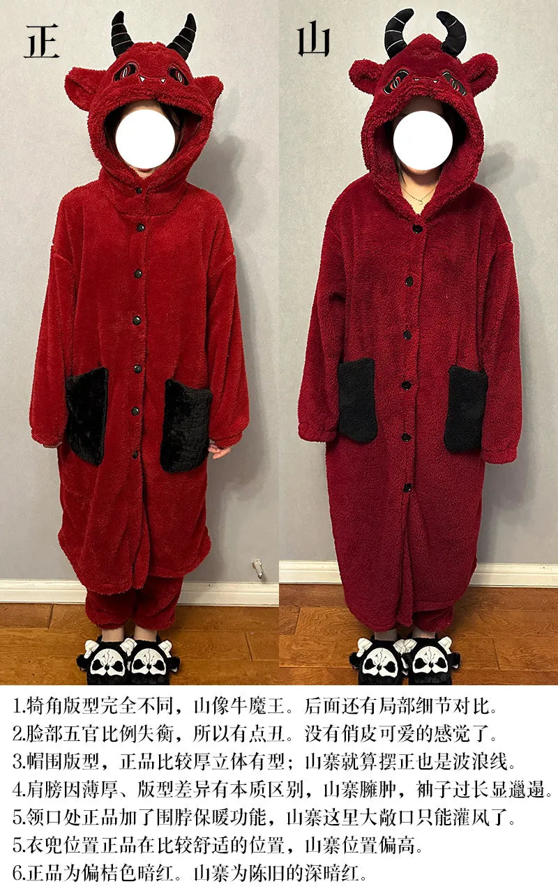 Virtual Alice Dark Gothic Demon Death Skull Horned Hooded Robe Thickened Coral Fleece Winter Warm Long Sleepwear Loungewear