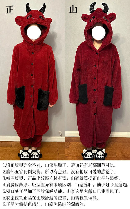 Virtual Alice Dark Gothic Demon Death Skull Horned Hooded Robe Thickened Coral Fleece Winter Warm Long Sleepwear Loungewear