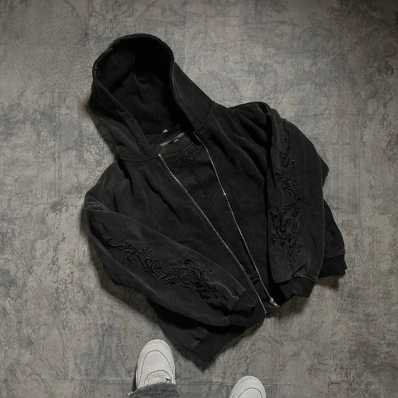 Men's Hoodie Harajuku Y2K Vine Embroidered High Street Washed Black Gray Sweatshirt Gothic Casual Streetwear Loose Fit Man New