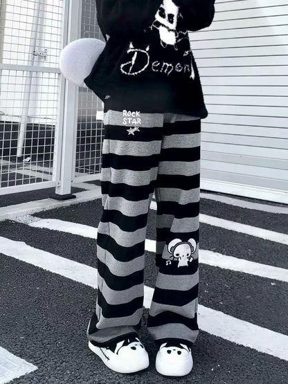 Kimotimo Punk Anime Printed Striped Pants Women Harajuku Y2k Straight Casual Long Trousers 2025 Autumn Vintage Gothic Streetwear