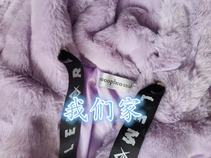 Japanese Harajuku Rabbit Ears Fur Purple Coat for women 2023 Winter New Women's Dark Punk Mid-Length Zipper Plush Coats Street