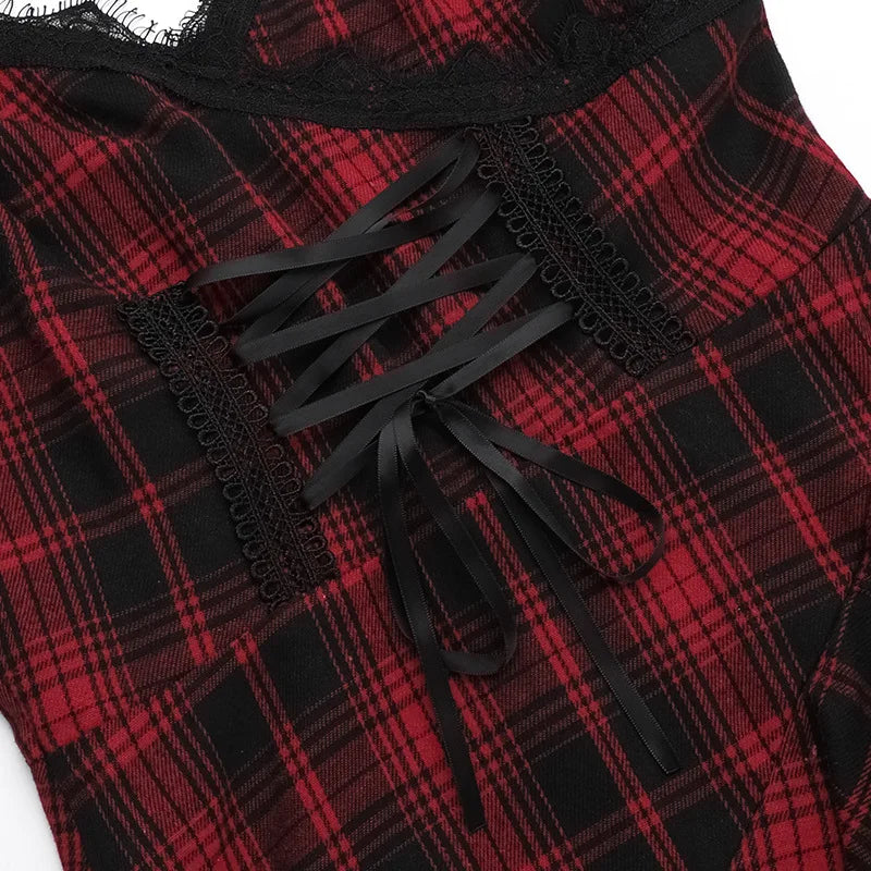 Women's Plaid Lace Spaghetti-Strap Midi Dress
