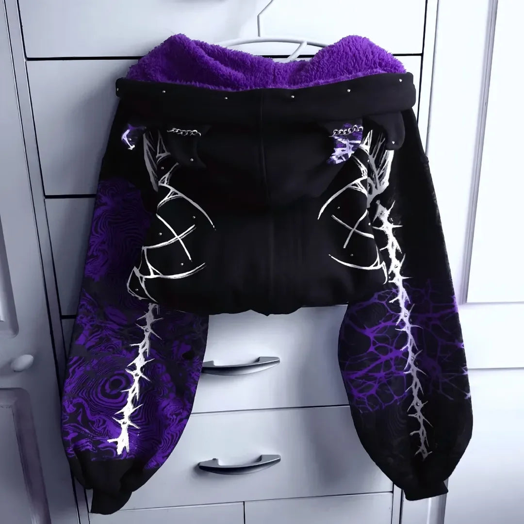 Y2K Grunge Purple Black Lightning Crackle Print Fleece Lined Cropped Zip Up Hoodie Women Hot Girl Oversized Drawstring Sherpa