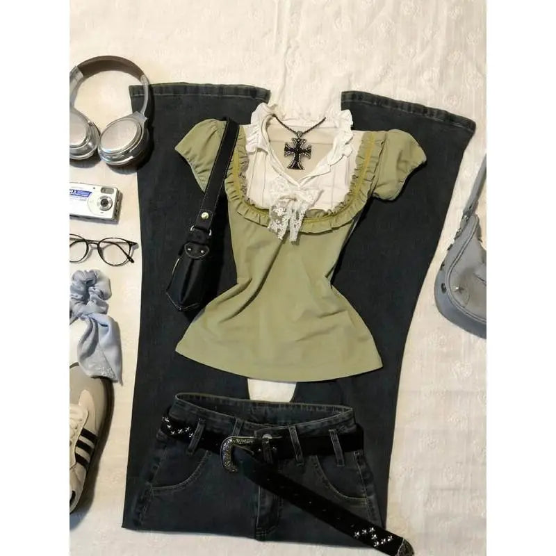 2000s Lace Trim Harajuku T Shirts Aesthetic Sweet Girl Summer Women Clothes Femme Trendy Green Kawaii Top Gentle Ruffle Y2k Tees